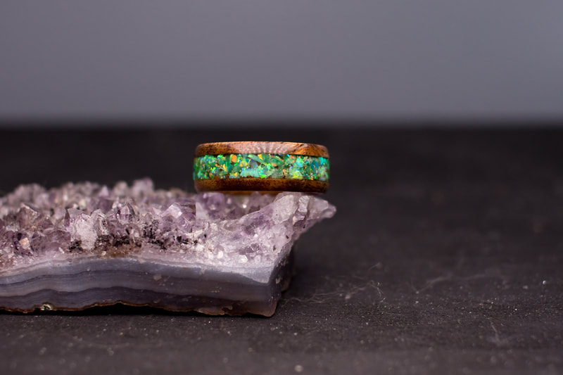 Into the Woods ring, wood band mix of green opals