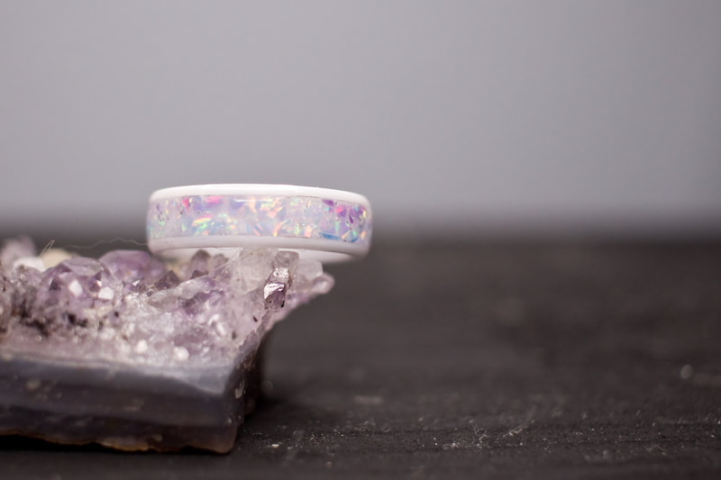 Moonglow white ceramic opal ring